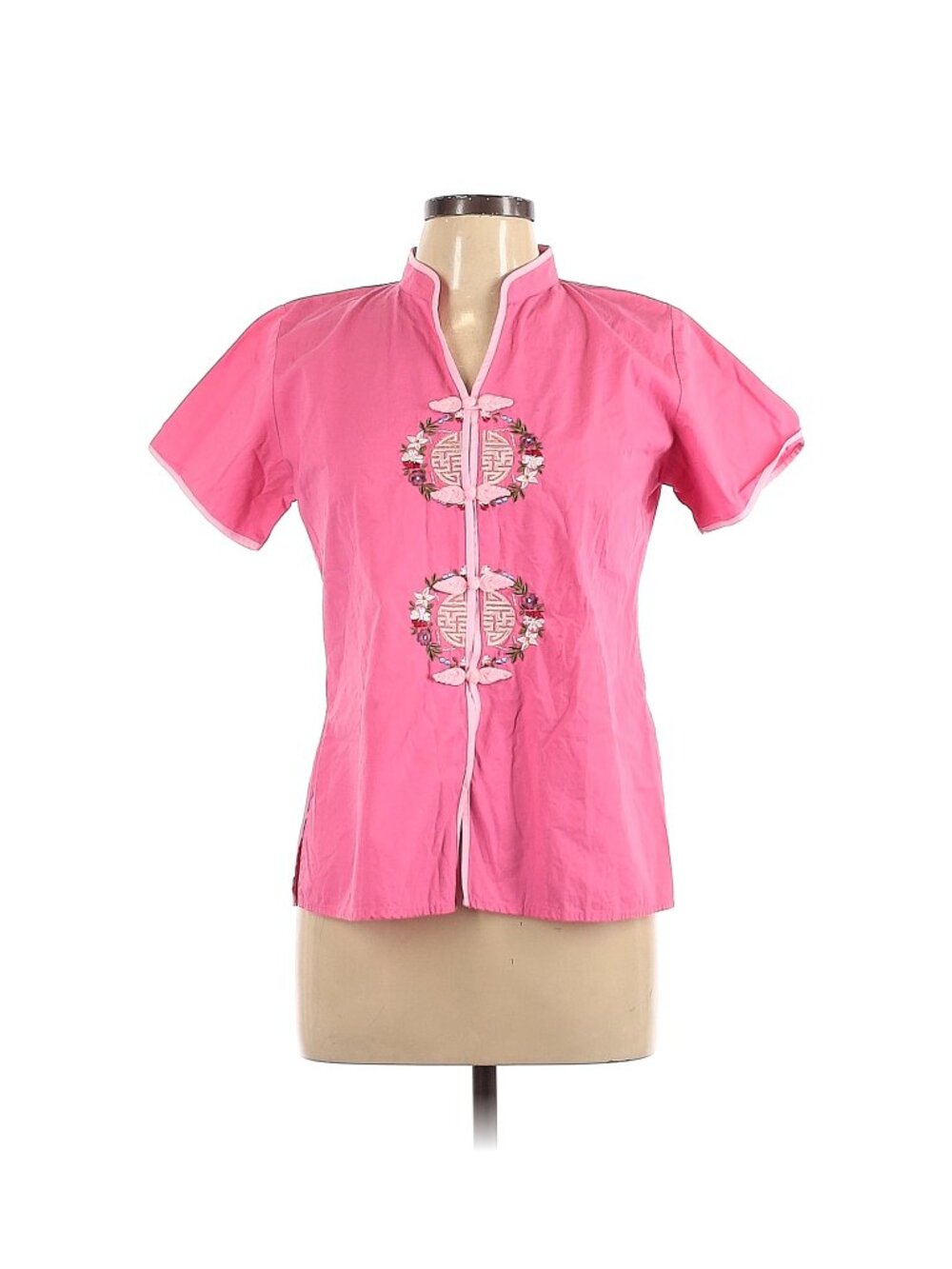 Pink Short Sleeve Embroidered Covered Buttons Mandarin Collar Blouse